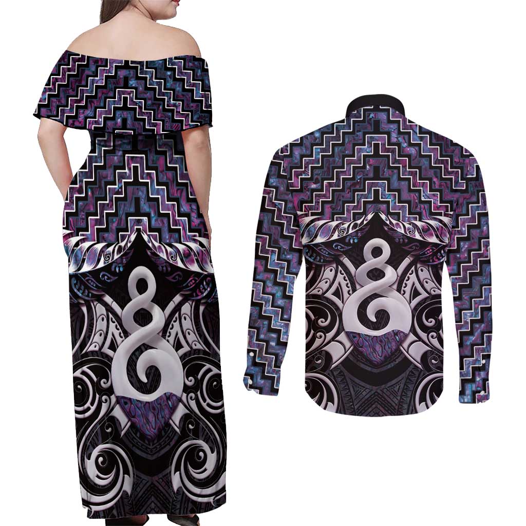 New Zealand Maori Couples Matching Off Shoulder Maxi Dress and Long Sleeve Button Shirt Poutama Pikorua Purple Paua Shell LT05 - Polynesian Pride