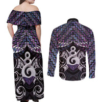 New Zealand Maori Couples Matching Off Shoulder Maxi Dress and Long Sleeve Button Shirt Poutama Pikorua Purple Paua Shell LT05 - Polynesian Pride
