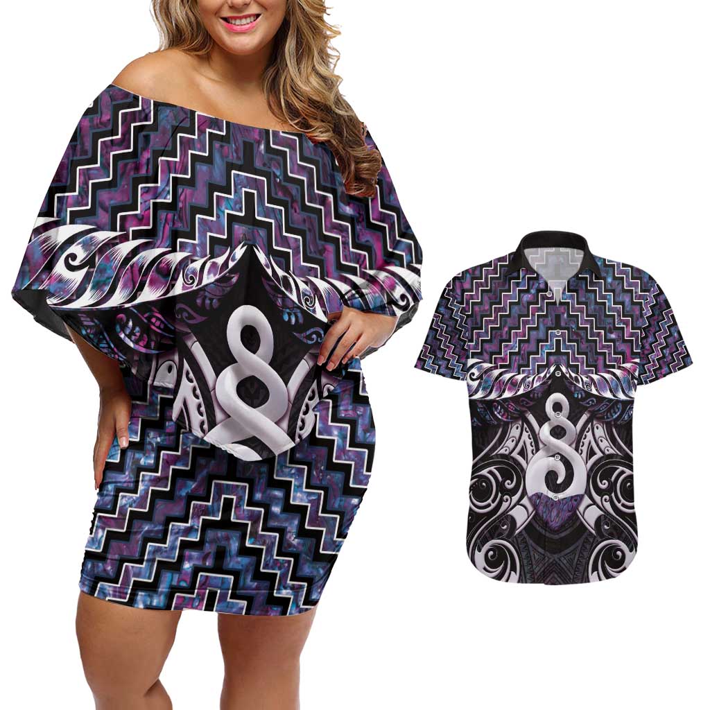 New Zealand Maori Couples Matching Off Shoulder Short Dress and Hawaiian Shirt Poutama Pikorua Purple Paua Shell LT05 Purple - Polynesian Pride
