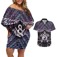 New Zealand Maori Couples Matching Off Shoulder Short Dress and Hawaiian Shirt Poutama Pikorua Purple Paua Shell LT05 Purple - Polynesian Pride