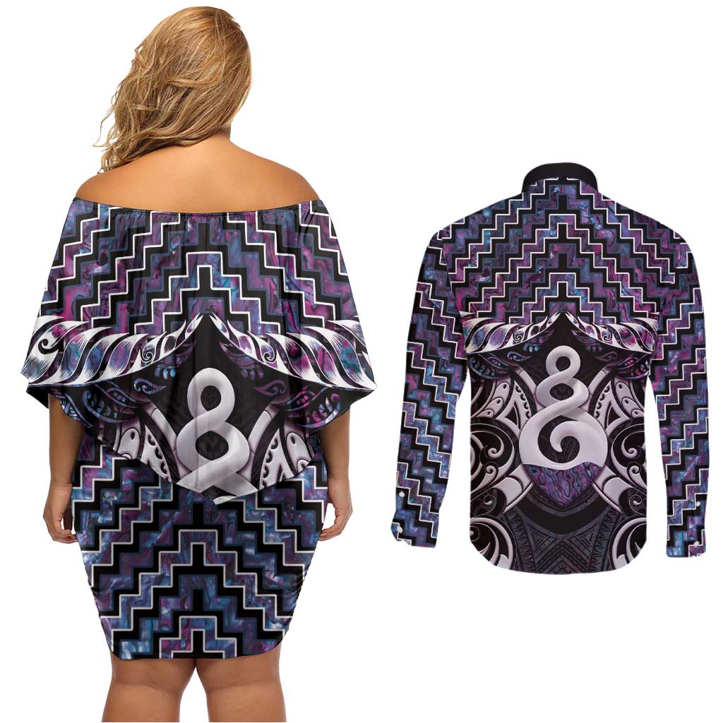 New Zealand Maori Couples Matching Off Shoulder Short Dress and Long Sleeve Button Shirt Poutama Pikorua Purple Paua Shell LT05 - Polynesian Pride