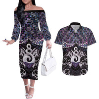 New Zealand Maori Couples Matching Off The Shoulder Long Sleeve Dress and Hawaiian Shirt Poutama Pikorua Purple Paua Shell LT05 Purple - Polynesian Pride