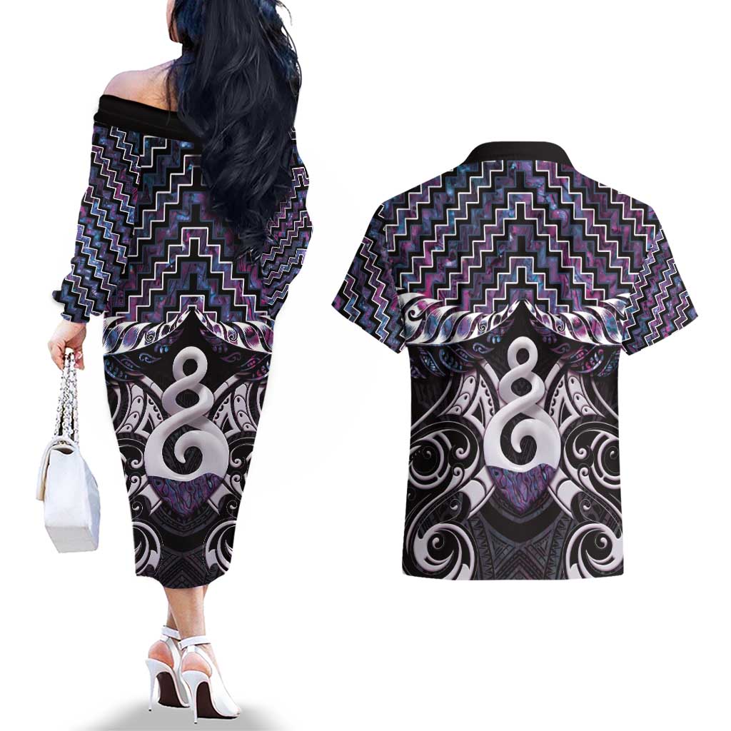 New Zealand Maori Couples Matching Off The Shoulder Long Sleeve Dress and Hawaiian Shirt Poutama Pikorua Purple Paua Shell LT05 - Polynesian Pride