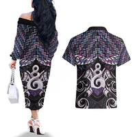 New Zealand Maori Couples Matching Off The Shoulder Long Sleeve Dress and Hawaiian Shirt Poutama Pikorua Purple Paua Shell LT05 - Polynesian Pride