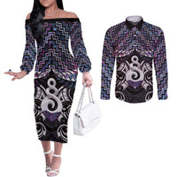 New Zealand Maori Couples Matching Off The Shoulder Long Sleeve Dress and Long Sleeve Button Shirt Poutama Pikorua Purple Paua Shell LT05 Purple - Polynesian Pride