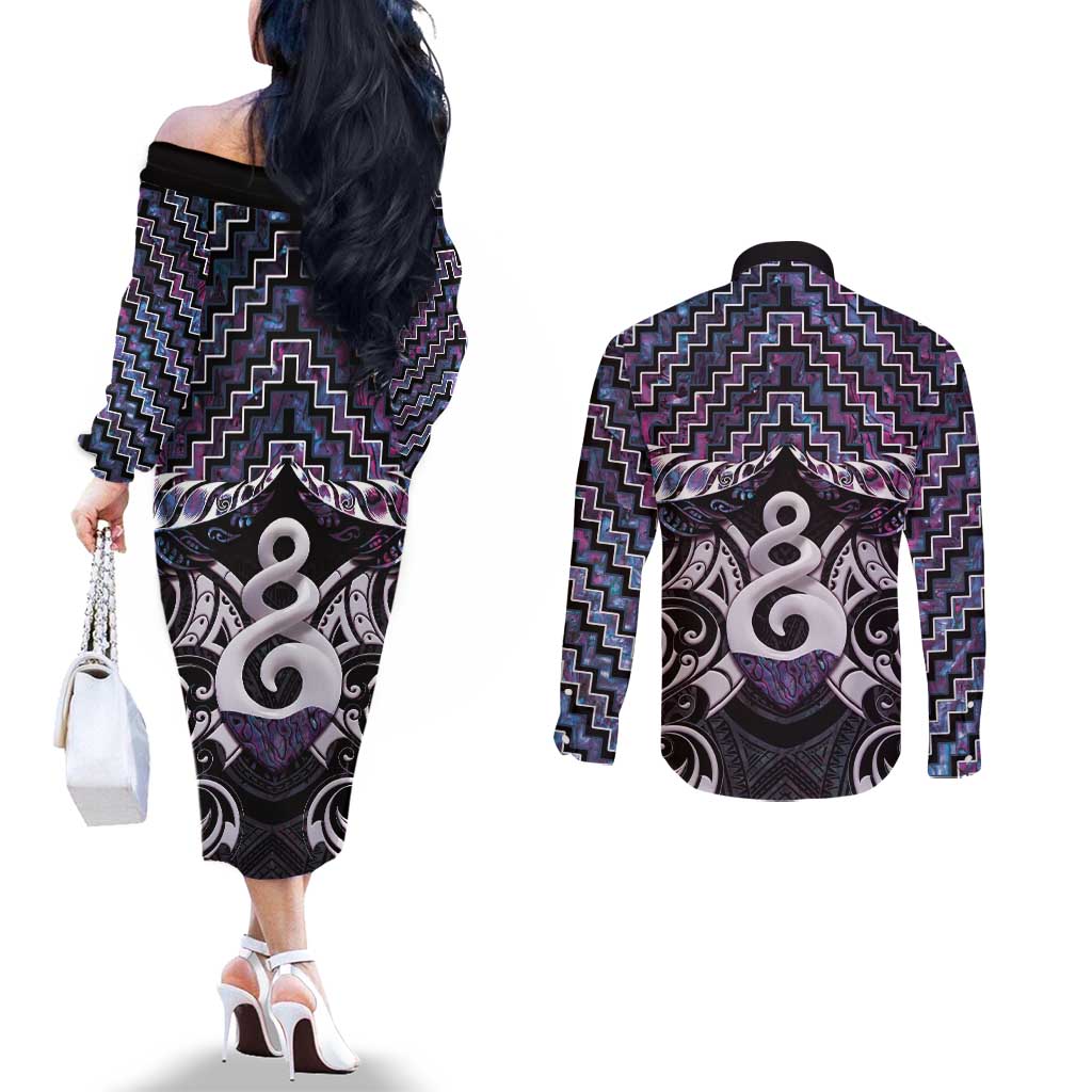 New Zealand Maori Couples Matching Off The Shoulder Long Sleeve Dress and Long Sleeve Button Shirt Poutama Pikorua Purple Paua Shell LT05 - Polynesian Pride