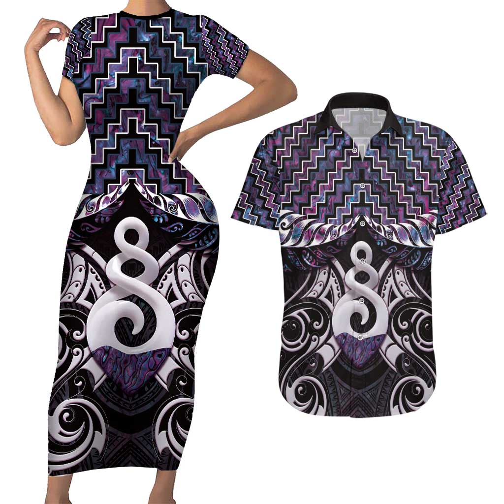 New Zealand Maori Couples Matching Short Sleeve Bodycon Dress and Hawaiian Shirt Poutama Pikorua Purple Paua Shell LT05 Purple - Polynesian Pride