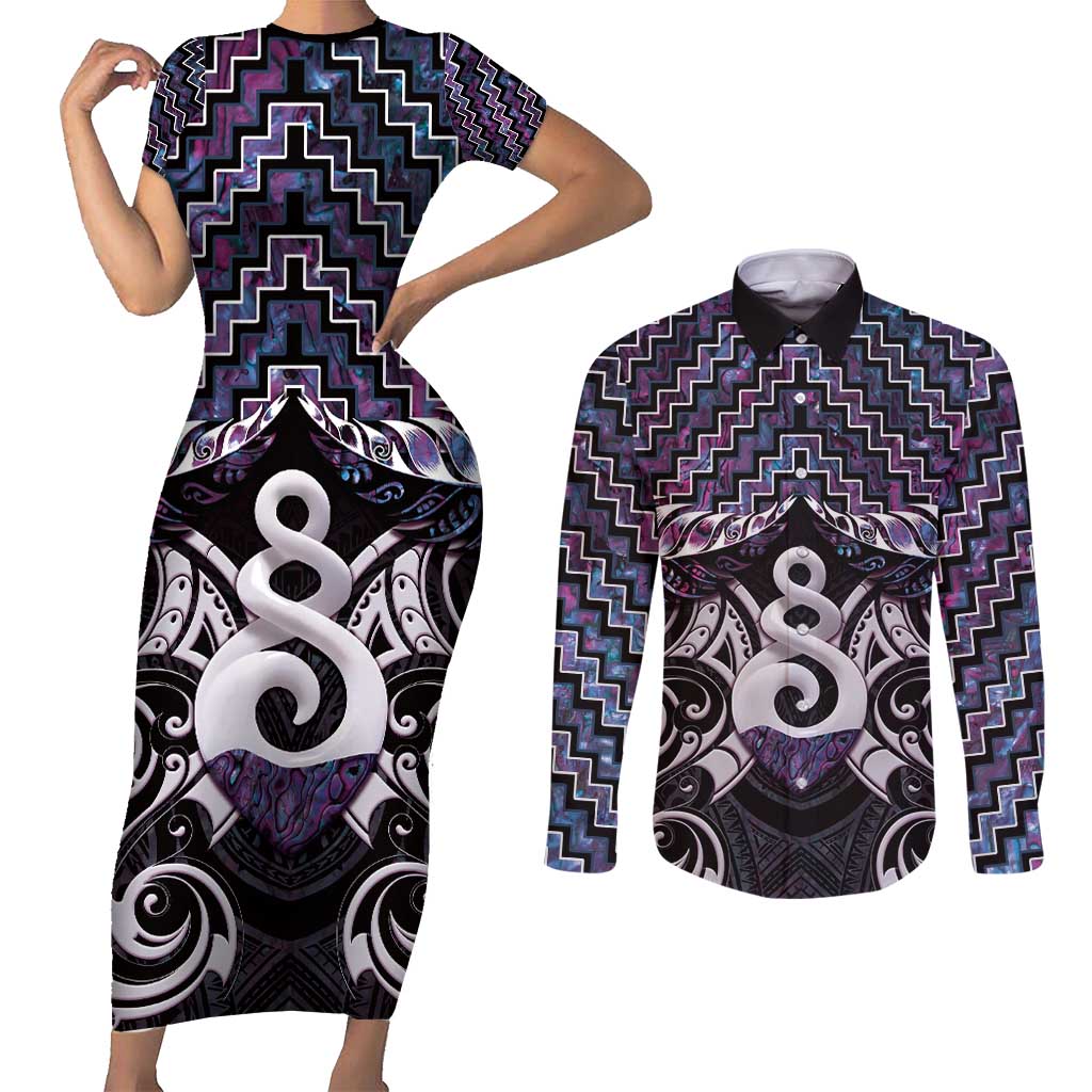 New Zealand Maori Couples Matching Short Sleeve Bodycon Dress and Long Sleeve Button Shirt Poutama Pikorua Purple Paua Shell LT05 Purple - Polynesian Pride