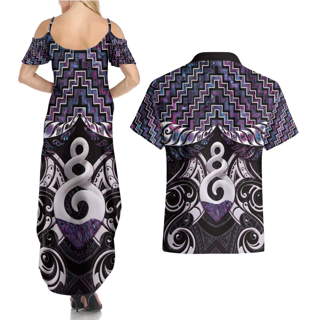 New Zealand Maori Couples Matching Summer Maxi Dress and Hawaiian Shirt Poutama Pikorua Purple Paua Shell LT05 - Polynesian Pride