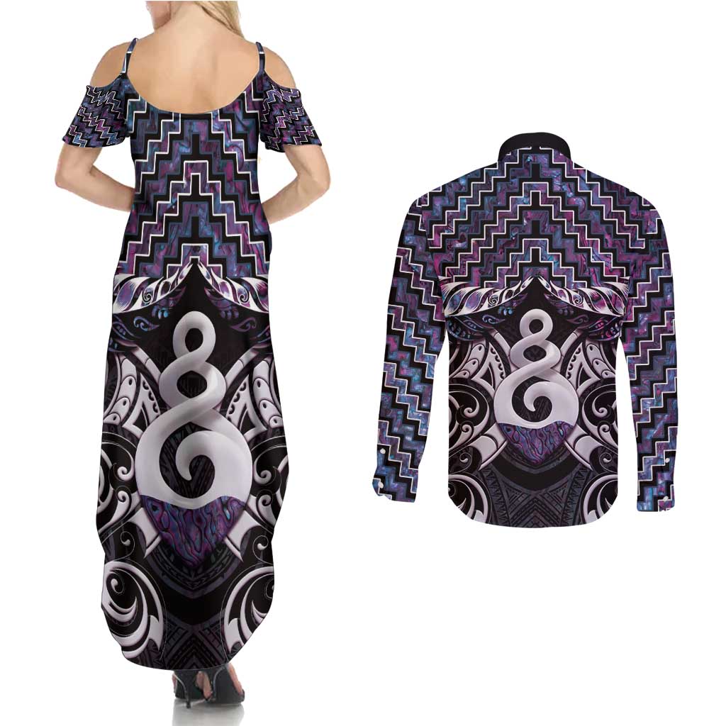 New Zealand Maori Couples Matching Summer Maxi Dress and Long Sleeve Button Shirt Poutama Pikorua Purple Paua Shell LT05 - Polynesian Pride