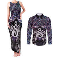New Zealand Maori Couples Matching Tank Maxi Dress and Long Sleeve Button Shirt Poutama Pikorua Purple Paua Shell LT05 Purple - Polynesian Pride