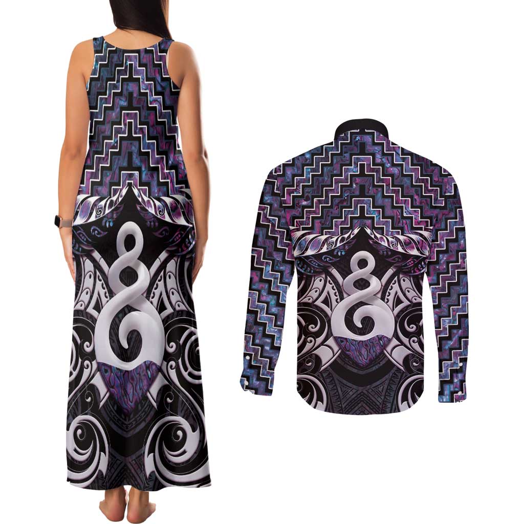 New Zealand Maori Couples Matching Tank Maxi Dress and Long Sleeve Button Shirt Poutama Pikorua Purple Paua Shell LT05 - Polynesian Pride