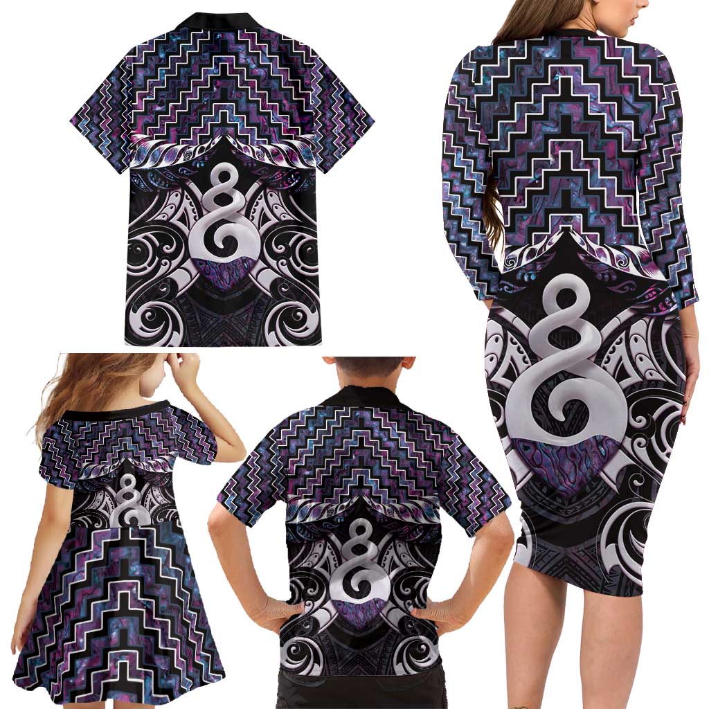 New Zealand Maori Family Matching Long Sleeve Bodycon Dress and Hawaiian Shirt Poutama Pikorua Purple Paua Shell LT05 - Polynesian Pride