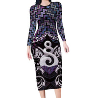 New Zealand Maori Family Matching Long Sleeve Bodycon Dress and Hawaiian Shirt Poutama Pikorua Purple Paua Shell LT05 Mom's Dress Purple - Polynesian Pride