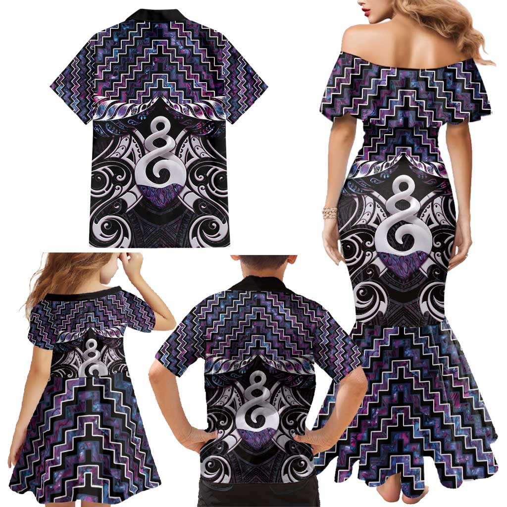 New Zealand Maori Family Matching Mermaid Dress and Hawaiian Shirt Poutama Pikorua Purple Paua Shell LT05 - Polynesian Pride
