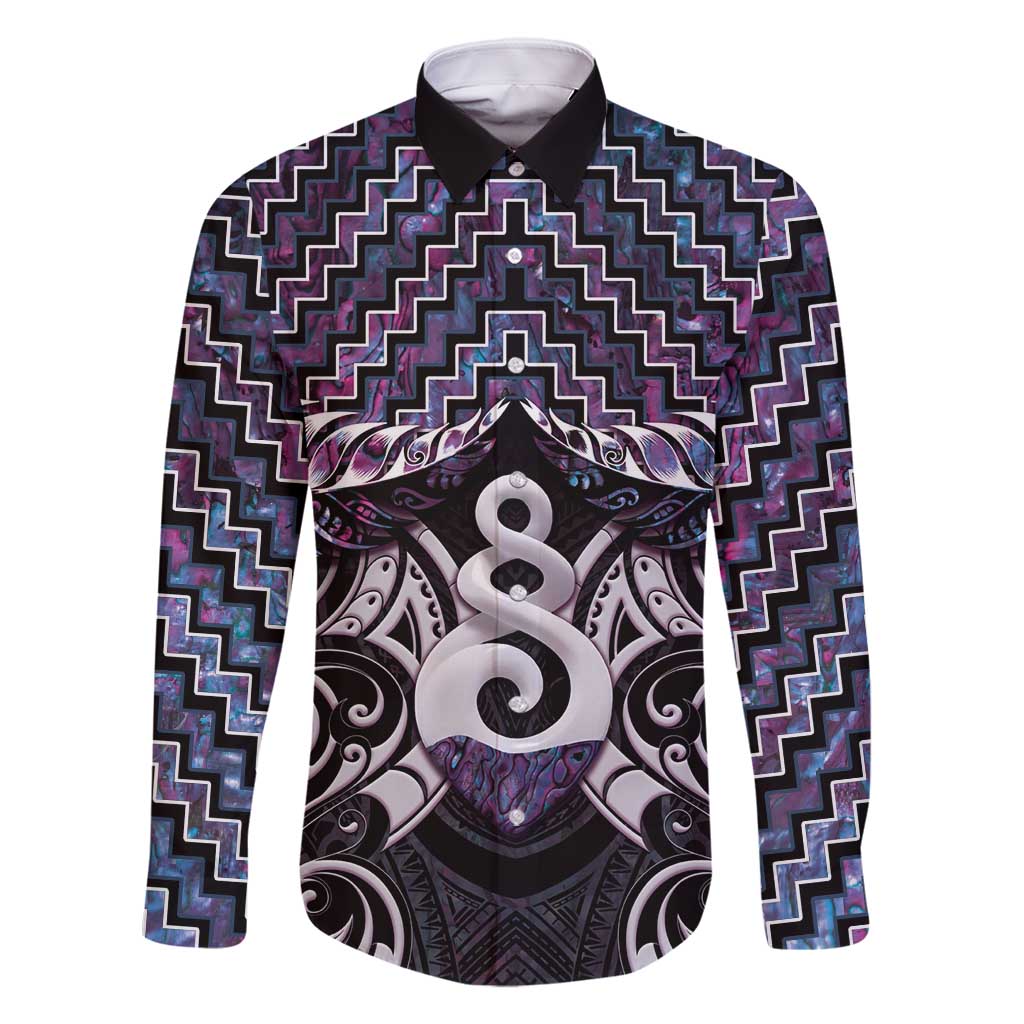 New Zealand Maori Family Matching Mermaid Dress and Hawaiian Shirt Poutama Pikorua Purple Paua Shell LT05 Dad's Shirt - Long Sleeve Purple - Polynesian Pride