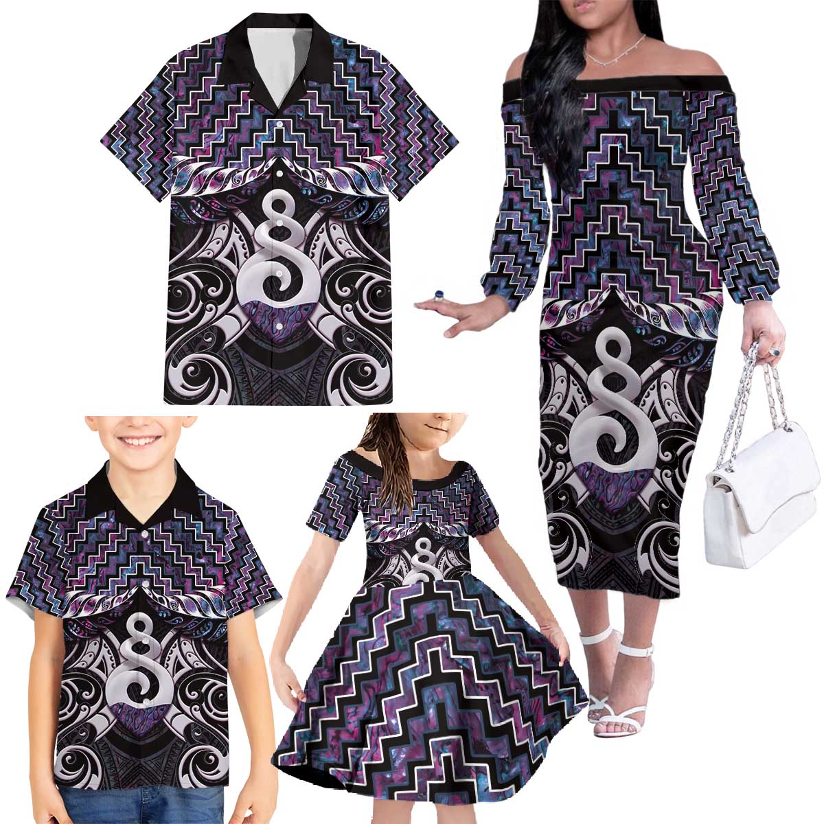 New Zealand Maori Family Matching Off The Shoulder Long Sleeve Dress and Hawaiian Shirt Poutama Pikorua Purple Paua Shell LT05 - Polynesian Pride