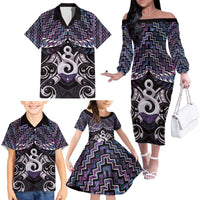 New Zealand Maori Family Matching Off The Shoulder Long Sleeve Dress and Hawaiian Shirt Poutama Pikorua Purple Paua Shell LT05 - Polynesian Pride