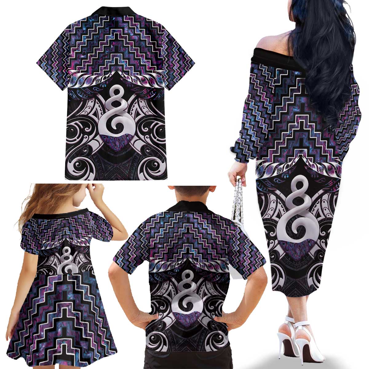 New Zealand Maori Family Matching Off The Shoulder Long Sleeve Dress and Hawaiian Shirt Poutama Pikorua Purple Paua Shell LT05 - Polynesian Pride