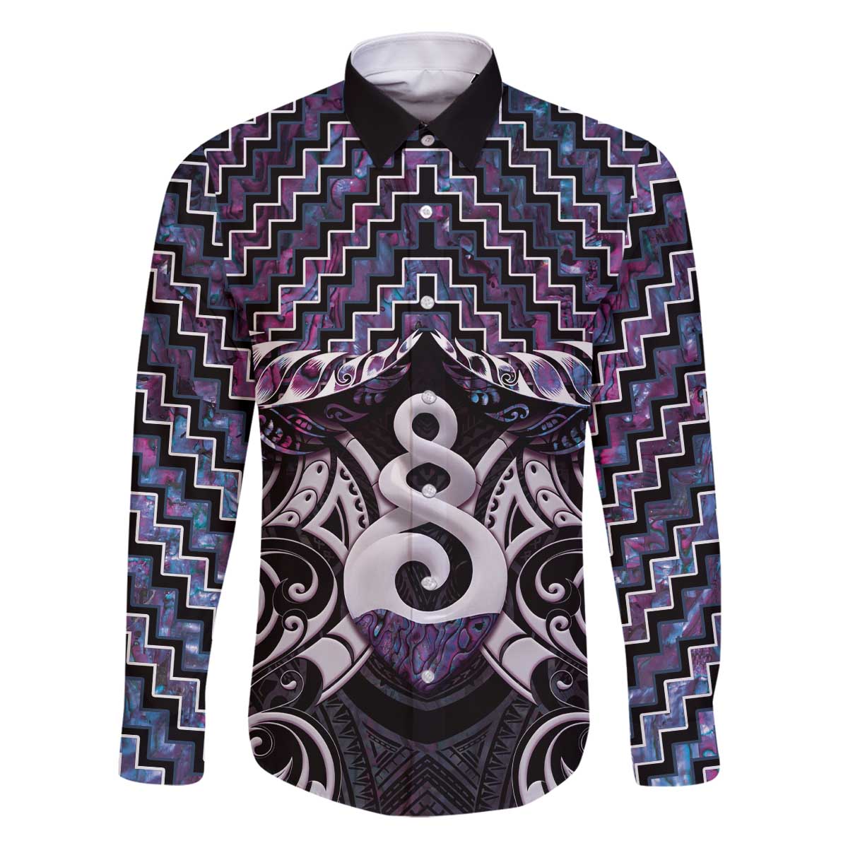New Zealand Maori Family Matching Off The Shoulder Long Sleeve Dress and Hawaiian Shirt Poutama Pikorua Purple Paua Shell LT05 Dad's Shirt - Long Sleeve Purple - Polynesian Pride