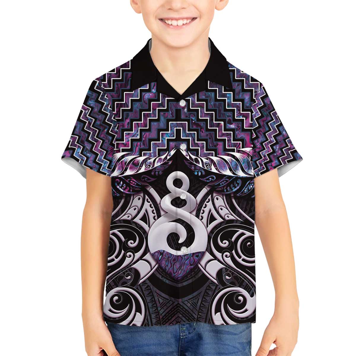 New Zealand Maori Family Matching Off The Shoulder Long Sleeve Dress and Hawaiian Shirt Poutama Pikorua Purple Paua Shell LT05 Son's Shirt Purple - Polynesian Pride