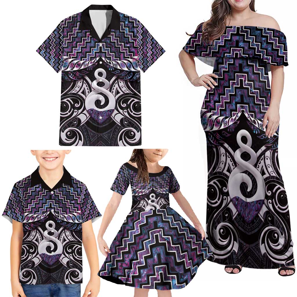 New Zealand Maori Family Matching Off Shoulder Maxi Dress and Hawaiian Shirt Poutama Pikorua Purple Paua Shell LT05 - Polynesian Pride