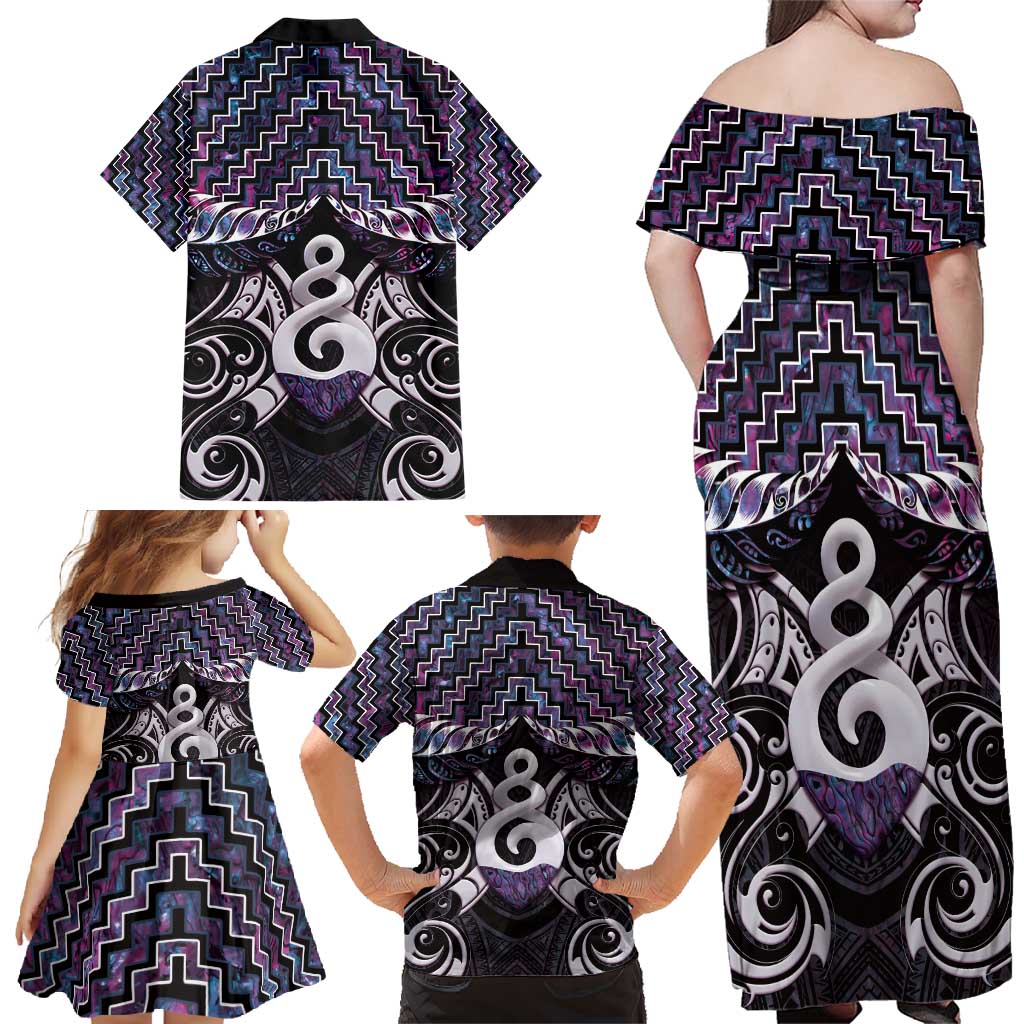 New Zealand Maori Family Matching Off Shoulder Maxi Dress and Hawaiian Shirt Poutama Pikorua Purple Paua Shell LT05 - Polynesian Pride
