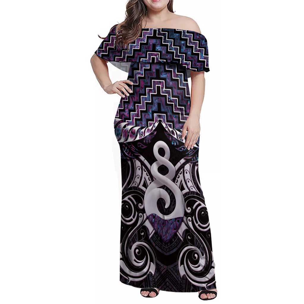 New Zealand Maori Family Matching Off Shoulder Maxi Dress and Hawaiian Shirt Poutama Pikorua Purple Paua Shell LT05 Mom's Dress Purple - Polynesian Pride
