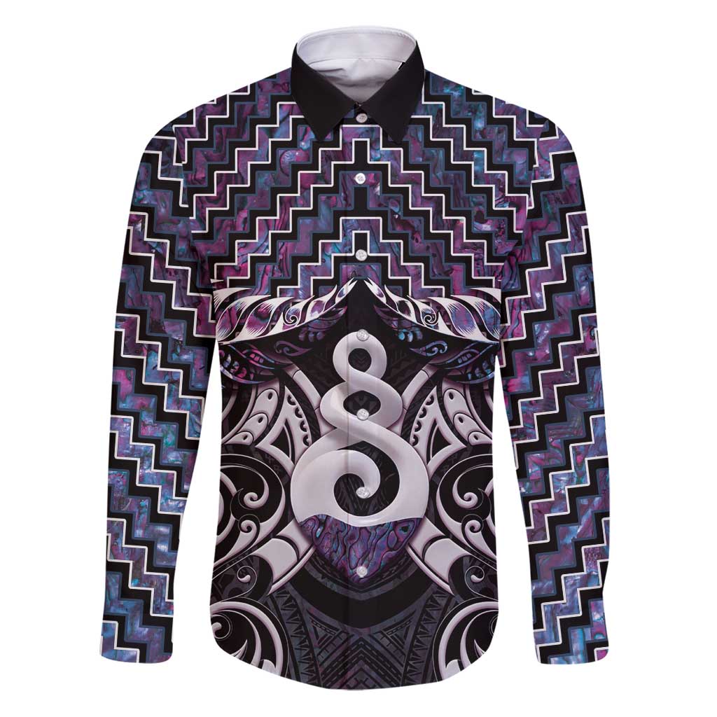 New Zealand Maori Family Matching Puletasi and Hawaiian Shirt Poutama Pikorua Purple Paua Shell LT05 Dad's Shirt - Long Sleeve Purple - Polynesian Pride