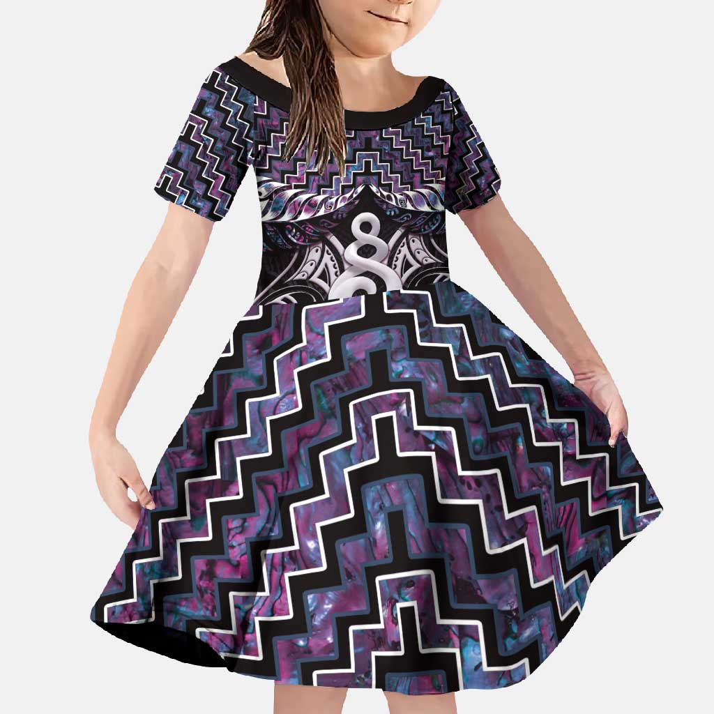 New Zealand Maori Family Matching Short Sleeve Bodycon Dress and Hawaiian Shirt Poutama Pikorua Purple Paua Shell LT05 Daughter's Dress Purple - Polynesian Pride