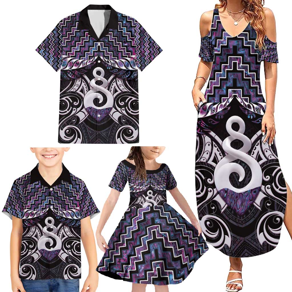 New Zealand Maori Family Matching Summer Maxi Dress and Hawaiian Shirt Poutama Pikorua Purple Paua Shell LT05 - Polynesian Pride