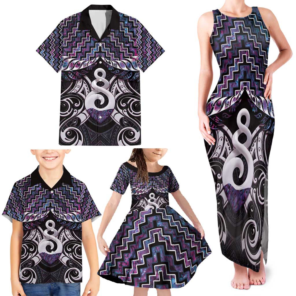 New Zealand Maori Family Matching Tank Maxi Dress and Hawaiian Shirt Poutama Pikorua Purple Paua Shell LT05 - Polynesian Pride
