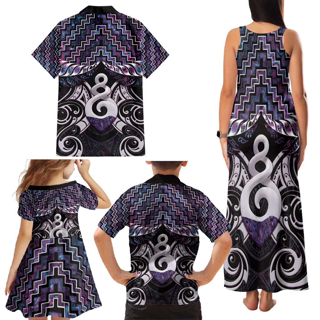 New Zealand Maori Family Matching Tank Maxi Dress and Hawaiian Shirt Poutama Pikorua Purple Paua Shell LT05 - Polynesian Pride