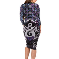 New Zealand Maori Long Sleeve Bodycon Dress Poutama Pikorua Purple Paua Shell LT05 - Polynesian Pride