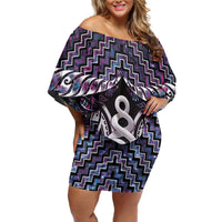 New Zealand Maori Off Shoulder Short Dress Poutama Pikorua Purple Paua Shell