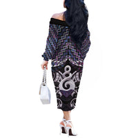New Zealand Maori Off The Shoulder Long Sleeve Dress Poutama Pikorua Purple Paua Shell LT05 - Polynesian Pride