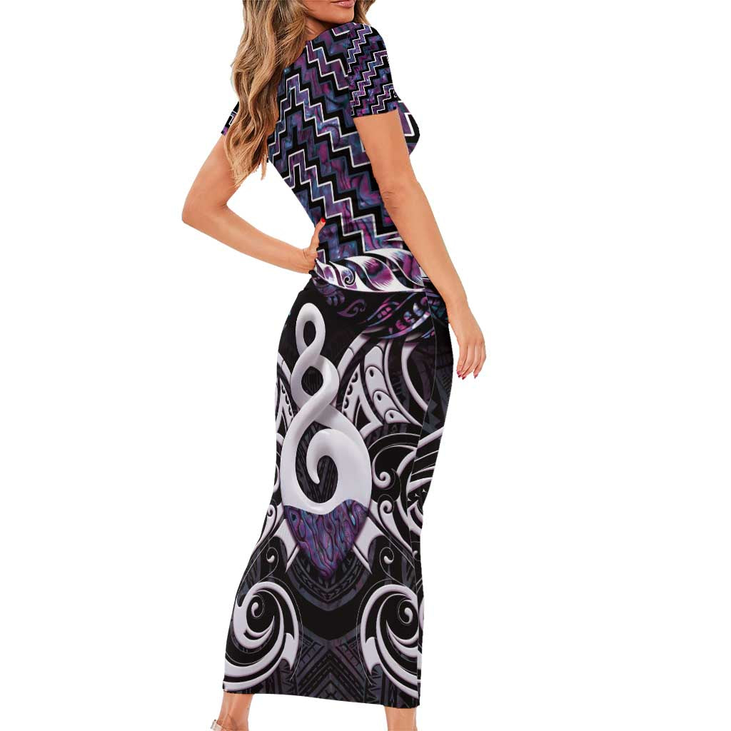 New Zealand Maori Short Sleeve Bodycon Dress Poutama Pikorua Purple Paua Shell LT05 - Polynesian Pride