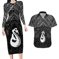 New Zealand Maori Couples Matching Long Sleeve Bodycon Dress and Hawaiian Shirt Poutama Manaia Black Paua Shell LT05 Black - Polynesian Pride