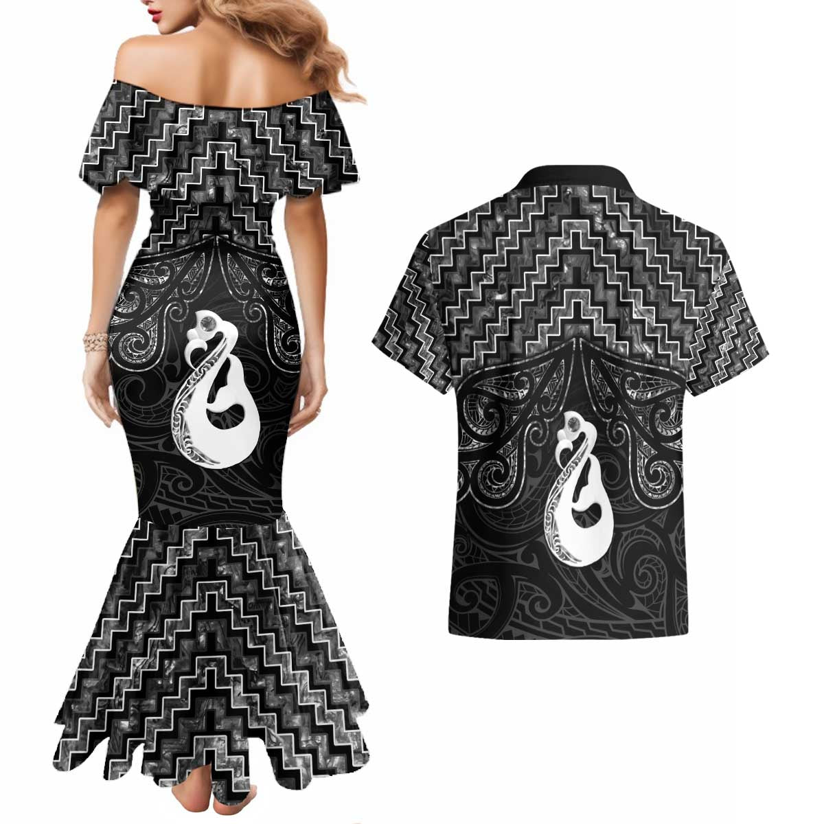 New Zealand Maori Couples Matching Mermaid Dress and Hawaiian Shirt Poutama Manaia Black Paua Shell LT05 - Polynesian Pride
