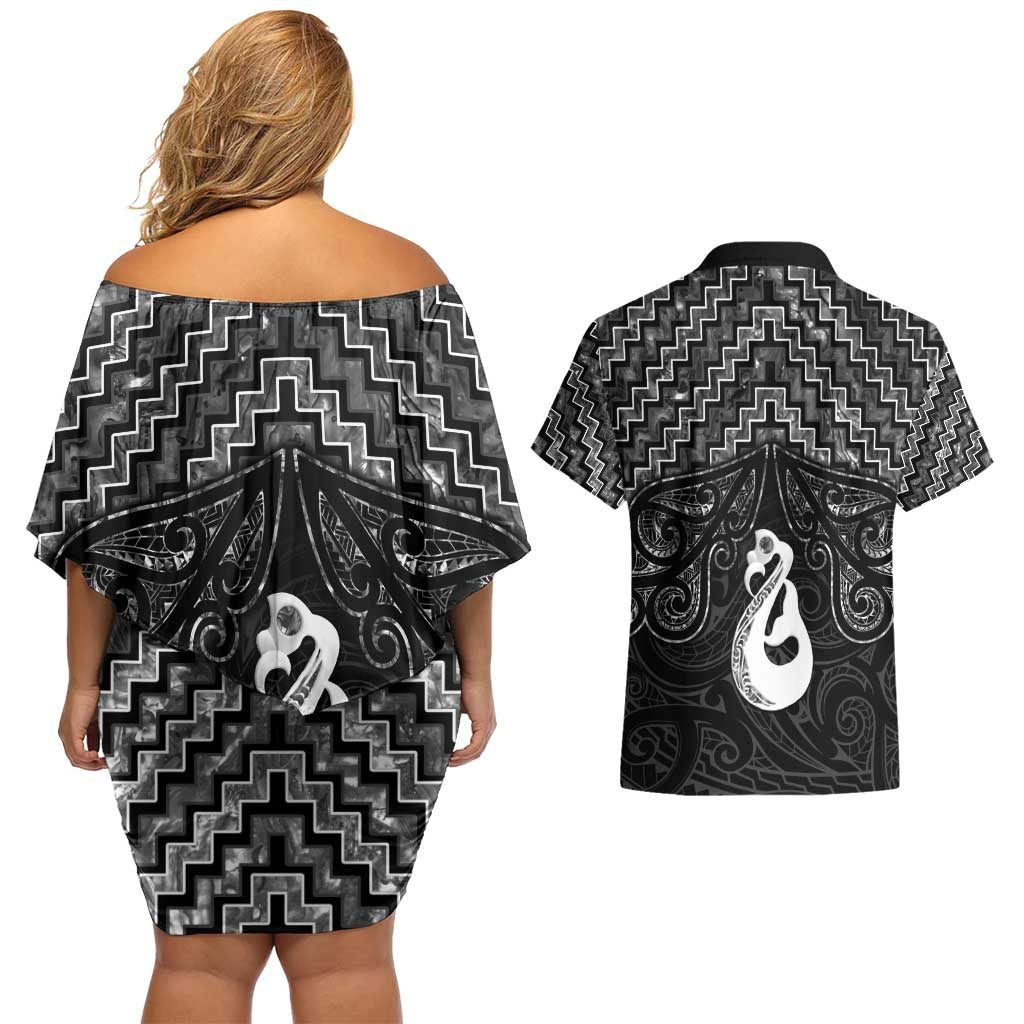 New Zealand Maori Couples Matching Off Shoulder Short Dress and Hawaiian Shirt Poutama Manaia Black Paua Shell LT05 - Polynesian Pride