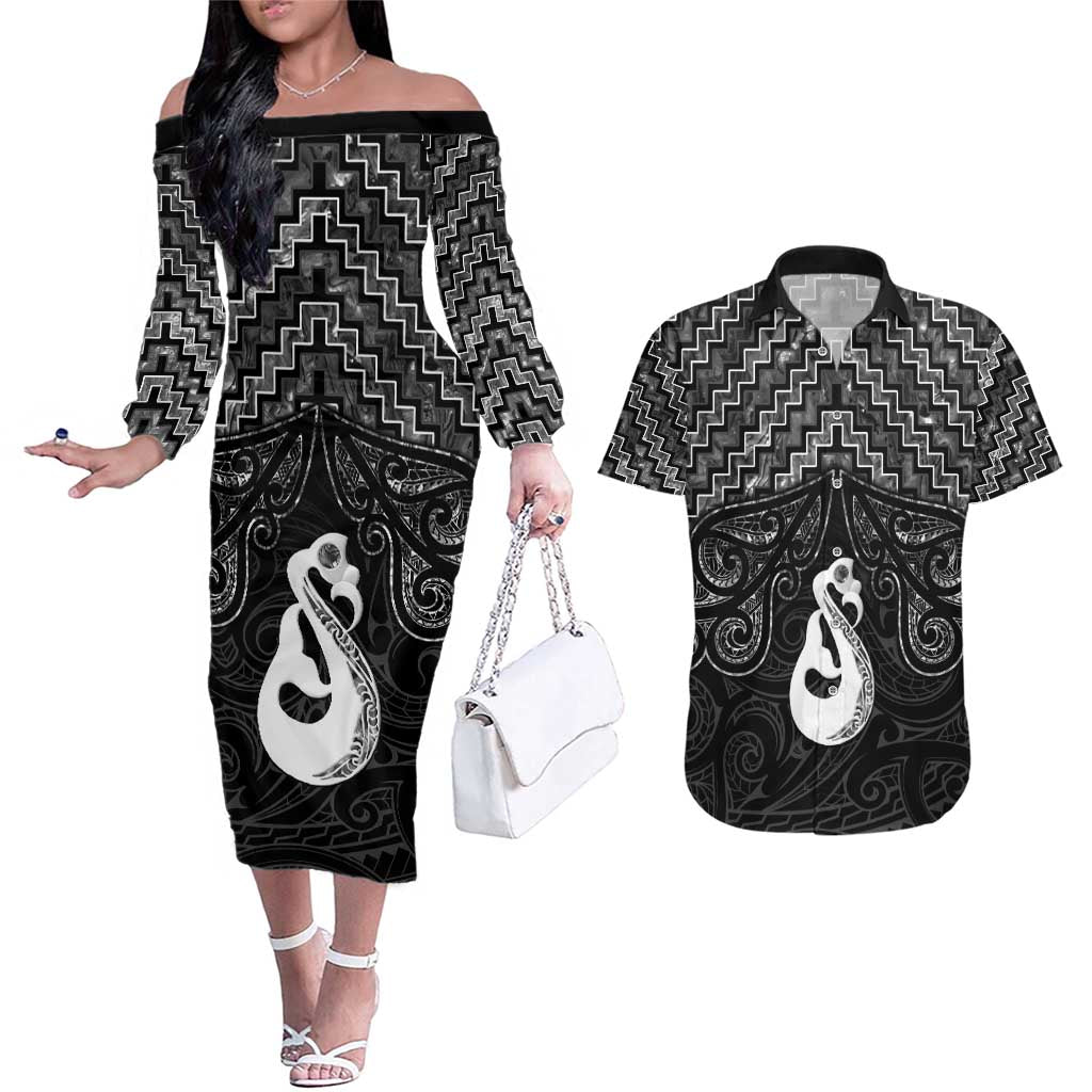 New Zealand Maori Couples Matching Off The Shoulder Long Sleeve Dress and Hawaiian Shirt Poutama Manaia Black Paua Shell LT05 Black - Polynesian Pride