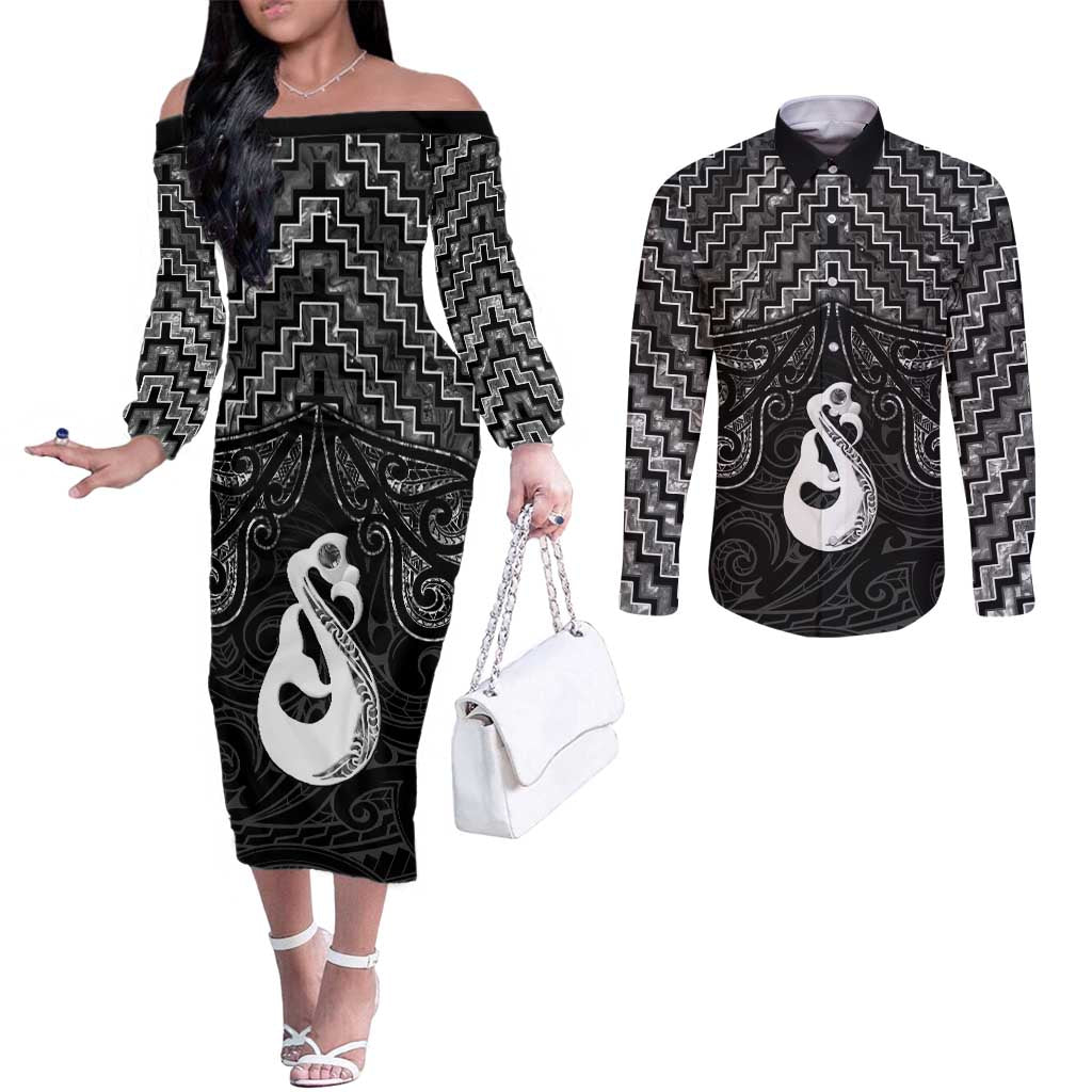 New Zealand Maori Couples Matching Off The Shoulder Long Sleeve Dress and Long Sleeve Button Shirt Poutama Manaia Black Paua Shell LT05 Black - Polynesian Pride