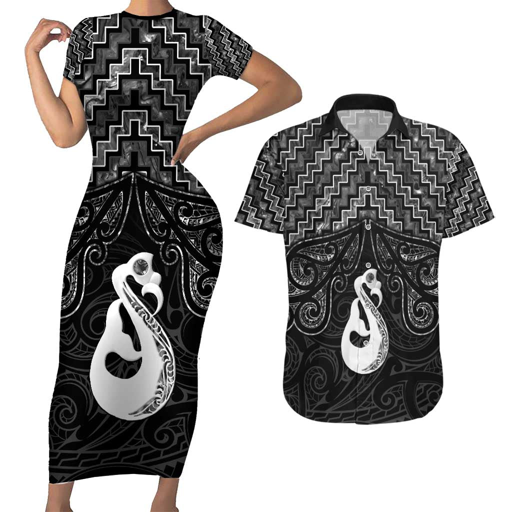 New Zealand Maori Couples Matching Short Sleeve Bodycon Dress and Hawaiian Shirt Poutama Manaia Black Paua Shell LT05 Black - Polynesian Pride