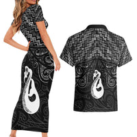 New Zealand Maori Couples Matching Short Sleeve Bodycon Dress and Hawaiian Shirt Poutama Manaia Black Paua Shell LT05 - Polynesian Pride