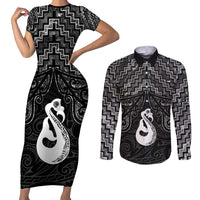 New Zealand Maori Couples Matching Short Sleeve Bodycon Dress and Long Sleeve Button Shirt Poutama Manaia Black Paua Shell LT05 Black - Polynesian Pride