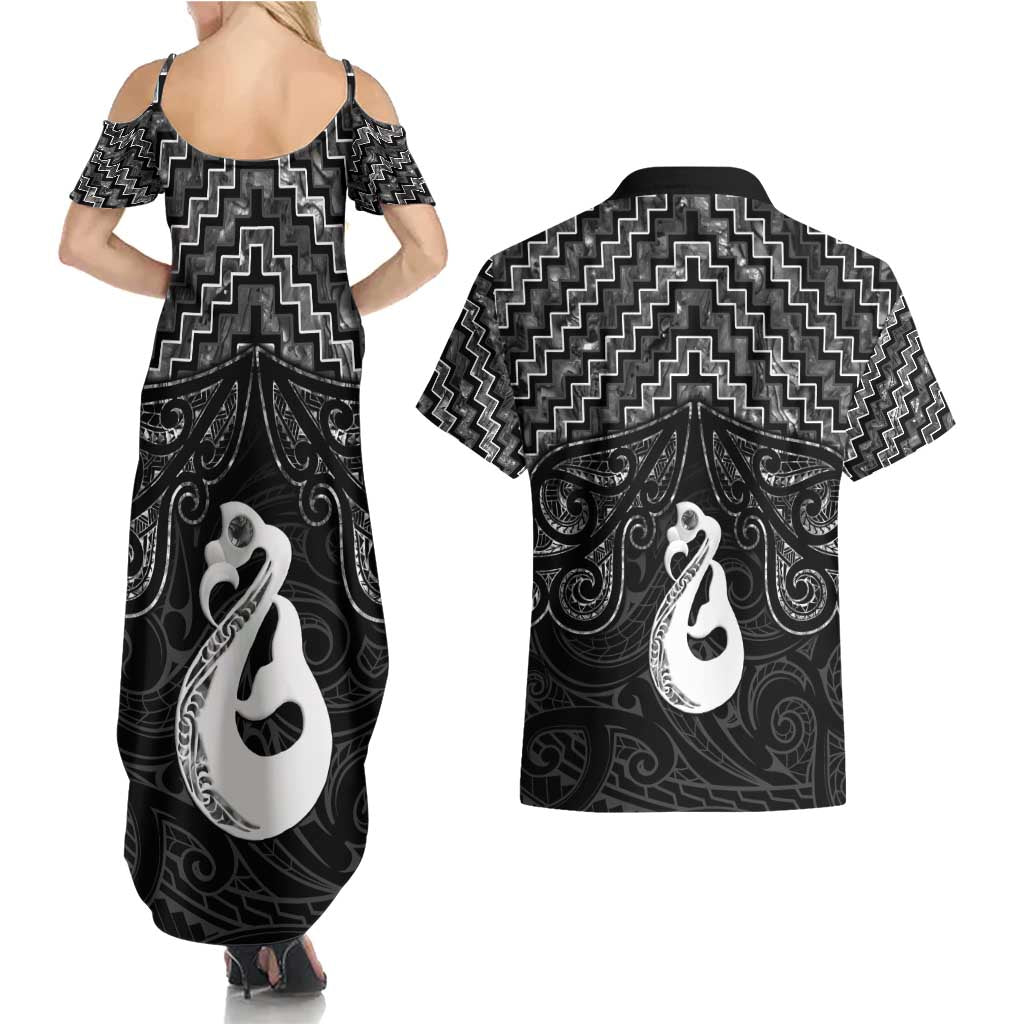 New Zealand Maori Couples Matching Summer Maxi Dress and Hawaiian Shirt Poutama Manaia Black Paua Shell LT05 - Polynesian Pride
