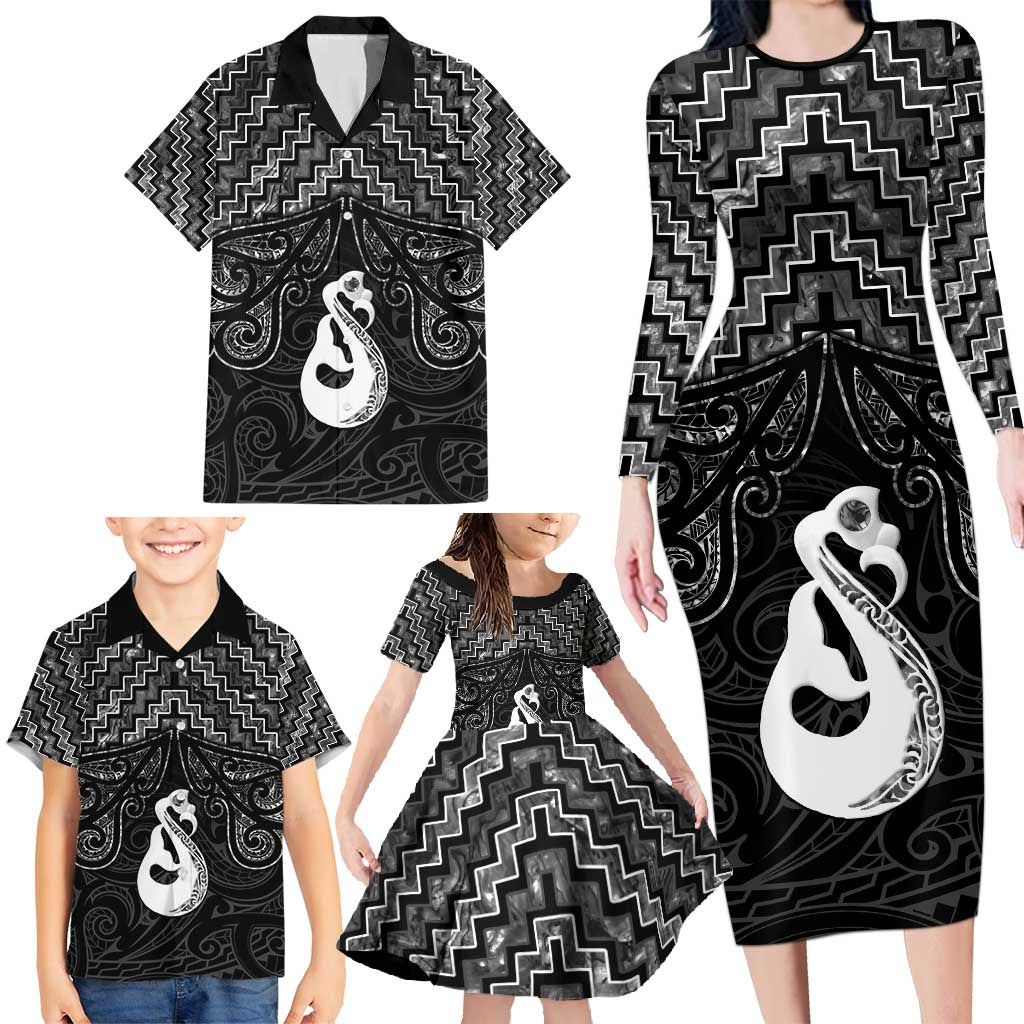 New Zealand Maori Family Matching Long Sleeve Bodycon Dress and Hawaiian Shirt Poutama Manaia Black Paua Shell LT05 - Polynesian Pride