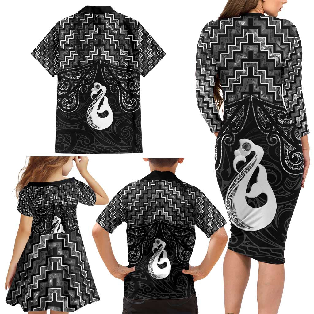 New Zealand Maori Family Matching Long Sleeve Bodycon Dress and Hawaiian Shirt Poutama Manaia Black Paua Shell LT05 - Polynesian Pride