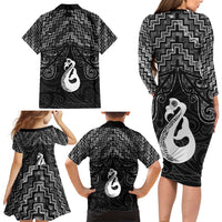 New Zealand Maori Family Matching Long Sleeve Bodycon Dress and Hawaiian Shirt Poutama Manaia Black Paua Shell LT05 - Polynesian Pride