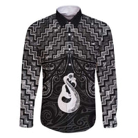 New Zealand Maori Family Matching Long Sleeve Bodycon Dress and Hawaiian Shirt Poutama Manaia Black Paua Shell LT05 Dad's Shirt - Long Sleeve Black - Polynesian Pride